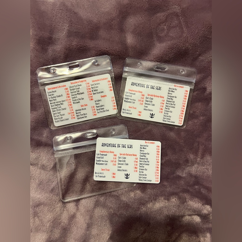 Adventure of the Seas deck plan information card with holder — NWOT Set of 3